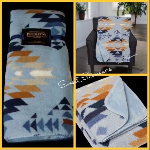 PENDLETON Plush Sherpa Fleece Aztec Southwest Boho Throw BLANKET 50x70 Blue Tan - Picture 1 of 7